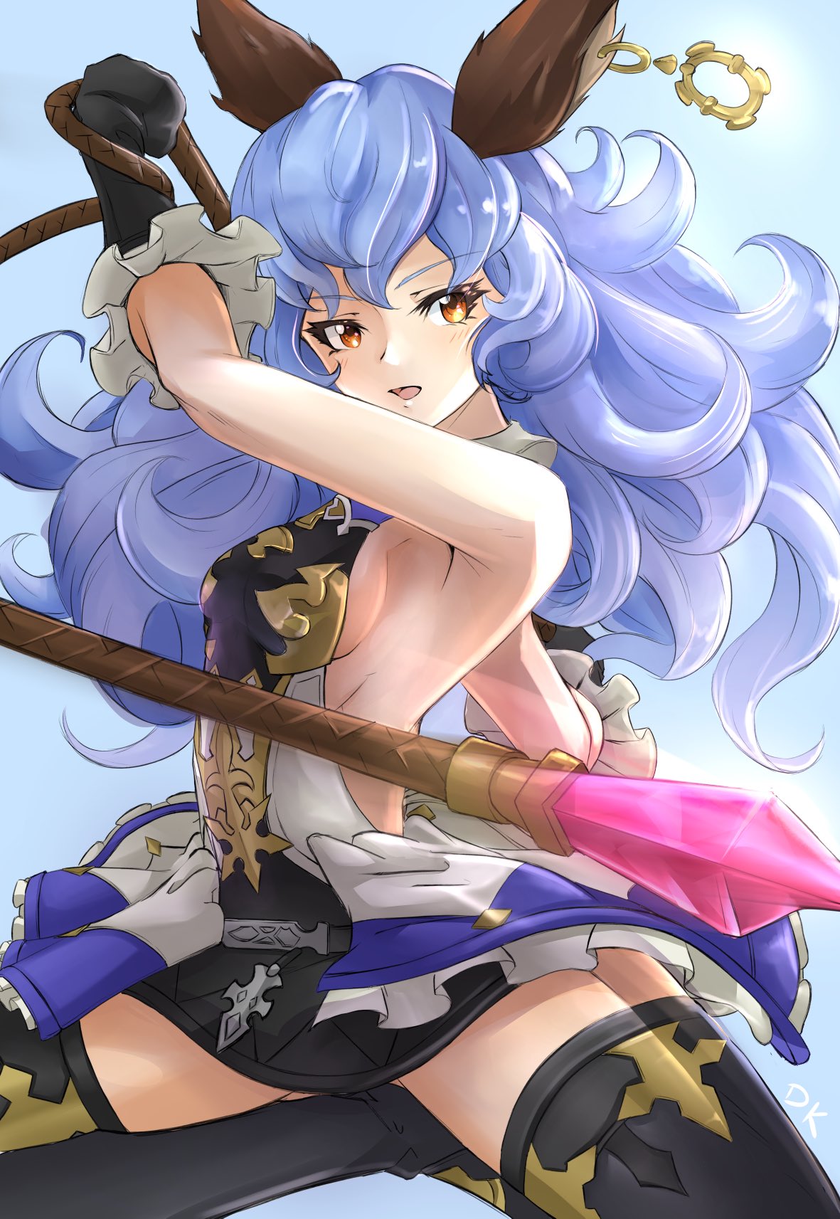 1girl animal_ears armpits backless_outfit belt black_gloves blue_hair blue_skirt breasts brown_eyes brown_gloves bunny_ears cape deekei earrings erune ferry_(granblue_fantasy) gloves granblue_fantasy highres hoop_earrings jewelry long_hair looking_at_viewer loose_belt sideboob single_earring skirt small_breasts wavy_hair whip yellow_eyes