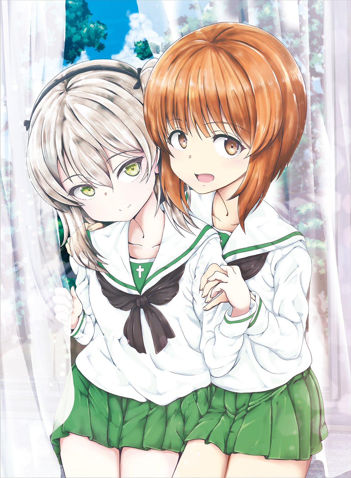 alternate_costume arm_grab bangs black_neckwear black_ribbon blouse blue_sky brown_eyes brown_hair closed_mouth cloud cloudy_sky commentary cowboy_shot curtains day eyebrows_visible_through_hair frown girls_und_panzer green_skirt hair_ribbon hand_on_another's_shoulder head_tilt highres holding holding_hands indoors light_brown_eyes light_brown_hair long_hair long_sleeves looking_at_viewer miniskirt neckerchief nishizumi_miho one_side_up ooarai_school_uniform open_mouth pleated_skirt ribbon school_uniform serafuku shibagami shimada_arisu short_hair side-by-side sitting skirt sky smile tree white_blouse