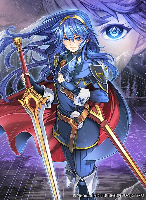 1girl belt blue_eyes blue_hair cape closed_mouth company_name copyright_name falchion_(fire_emblem) fingerless_gloves fire_emblem fire_emblem:_kakusei fire_emblem_cipher gloves holding holding_sword holding_weapon long_hair long_sleeves lucina mask official_art scabbard sheath solo sword tiara toyo_sao weapon