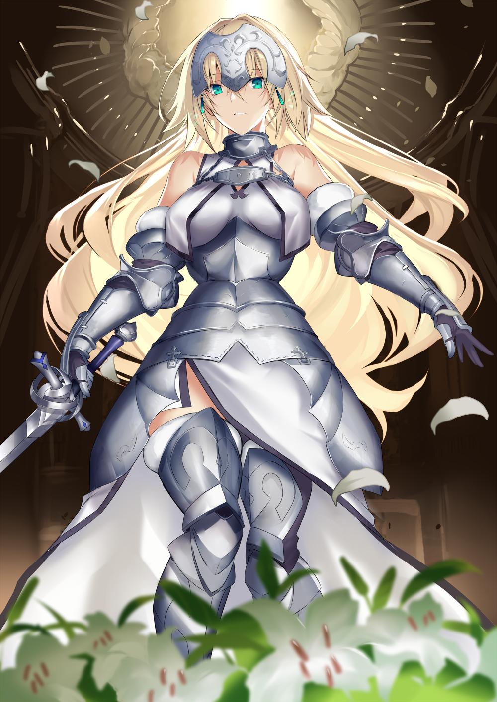 1girl armor armored_dress blonde_hair blurry_foreground eyebrows_visible_through_hair fate/grand_order fate_(series) flower green_eyes hair_ornament highres jeanne_d'arc_(fate) jeanne_d'arc_(fate)_(all) karlwolf lily_(flower) long_hair looking_at_viewer petals standing sword weapon