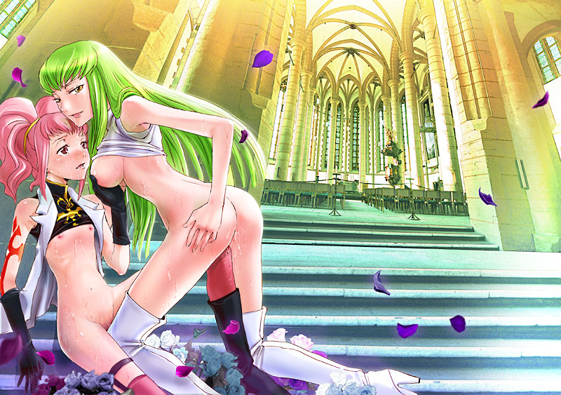 age_difference anya_alstreim ass ass_grab back bangs bent_over black_gloves black_legwear boots bottomless breast_grab breasts c.c. church code_geass earrings elbow_gloves flat_chest frottage gloves grabbing green_hair hairband high_heels indoors jewelry knee_boots large_breasts long_hair looking_back medium_breasts military military_uniform multiple_girls navel nipples no_bra open_mouth petals pink_hair pink_legwear pussy_juice red_eyes ribs shirt_lift shoes short_hair short_twintails sideboob sitting sleeveless smile stairs straddling sweat tattoo thigh_boots thighhighs turtleneck twintails uniform vest white_legwear yellow_eyes yuri