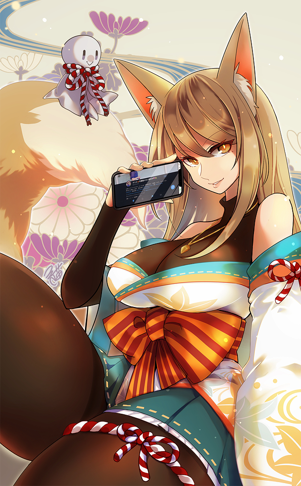 1girl aa2233a animal_ear_fluff animal_ears aqua_skirt bow breasts brown_eyes brown_hair brown_legwear cellphone detached_sleeves floral_background fox_ears fox_tail japanese_clothes large_breasts looking_at_viewer original pantyhose phone skirt smartphone smile solo tail teruterubouzu