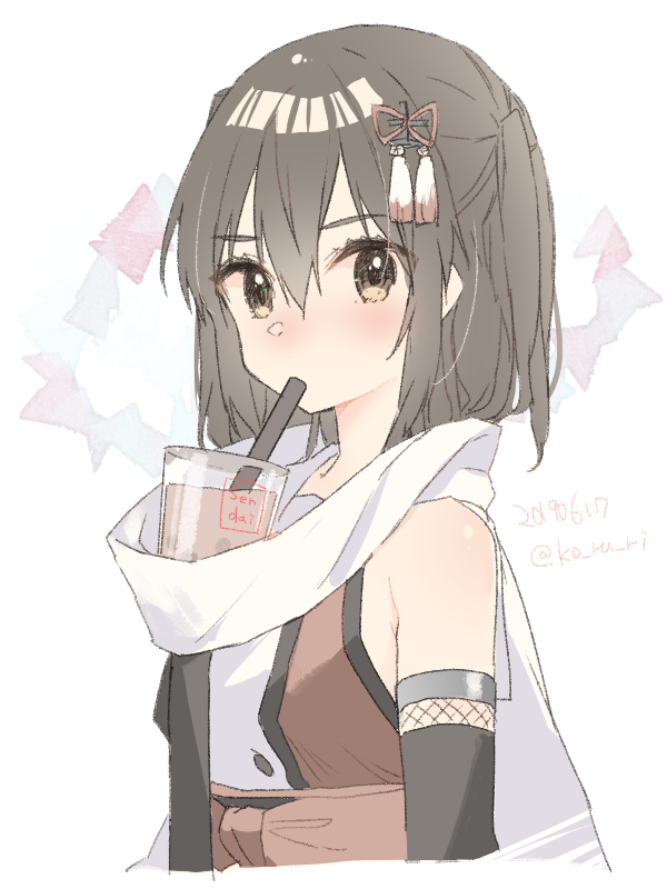 1girl bangs bare_shoulders blush breasts brown_eyes bubble_tea bubble_tea_challenge character_name cheating_(competitive) cup detached_sleeves disposable_cup drinking drinking_straw eyebrows_visible_through_hair hair_between_eyes hair_ornament kantai_collection koruri looking_at_viewer medium_breasts scarf sendai_(kantai_collection) solo tassel two_side_up upper_body white_background white_scarf you're_doing_it_wrong
