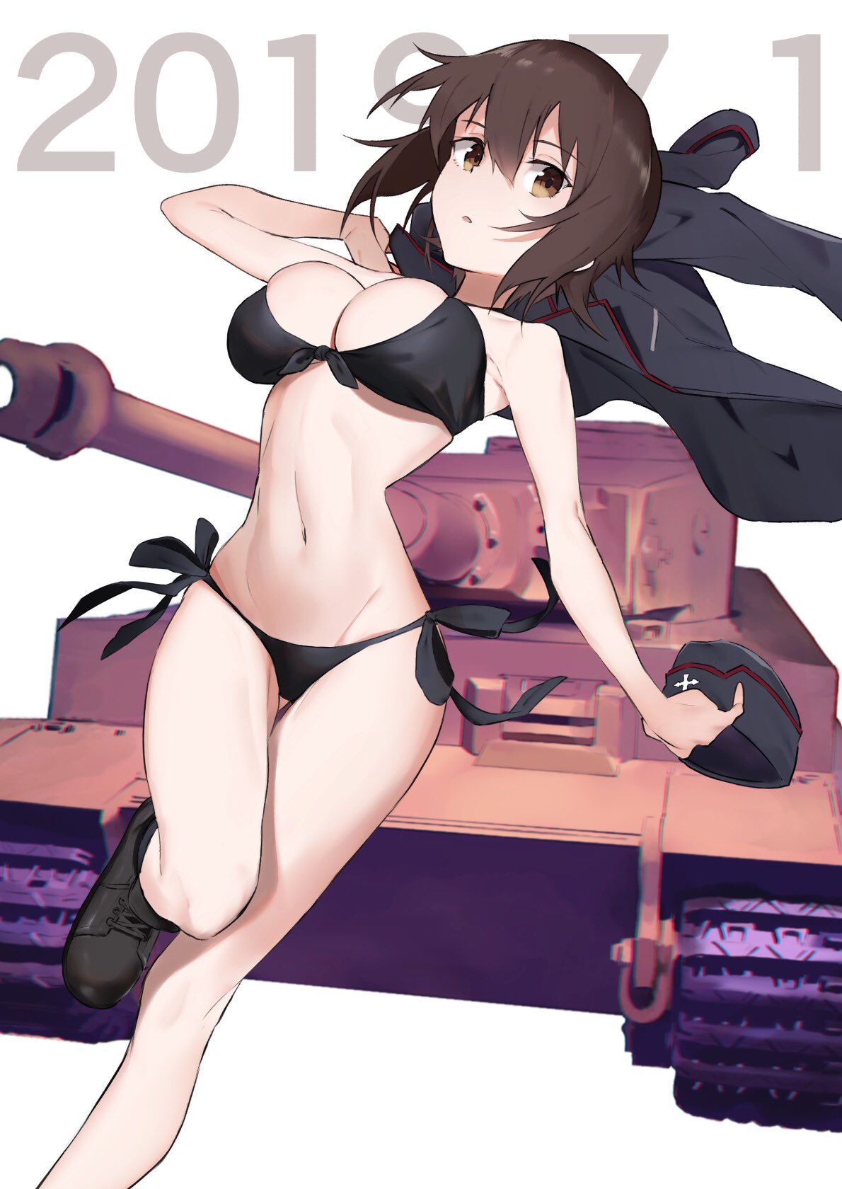 1girl :o bangs bare_shoulders bikini birthday black_bikini black_jacket boots breasts brown_eyes brown_hair cleavage clothes_removed dated front-tie_top garrison_cap girls_und_panzer groin ground_vehicle hair_between_eyes hat highres holding holding_hat holding_jacket jacket kuromorimine_military_uniform large_breasts midriff military military_vehicle motor_vehicle muteki_soda navel nishizumi_maho short_hair side-tie_bikini solo swimsuit tank white_background