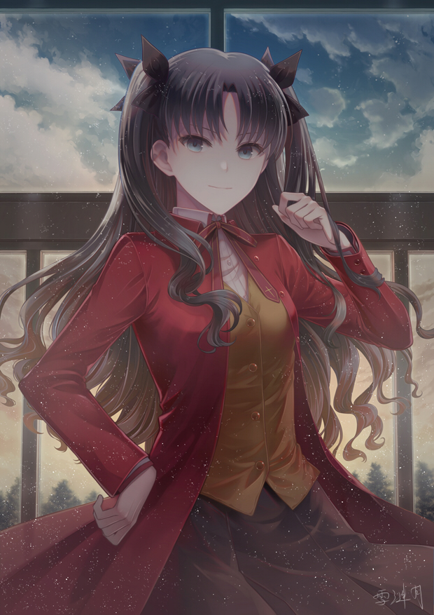 1girl angel31424 black_bow black_hair black_legwear blue_eyes bow breasts commentary_request eyebrows_visible_through_hair fate/stay_night fate_(series) hair_ornament hair_ribbon jacket long_hair long_sleeves looking_at_viewer medium_breasts outdoors red_jacket red_ribbon ribbon signature solo thighhighs toosaka_rin two_side_up