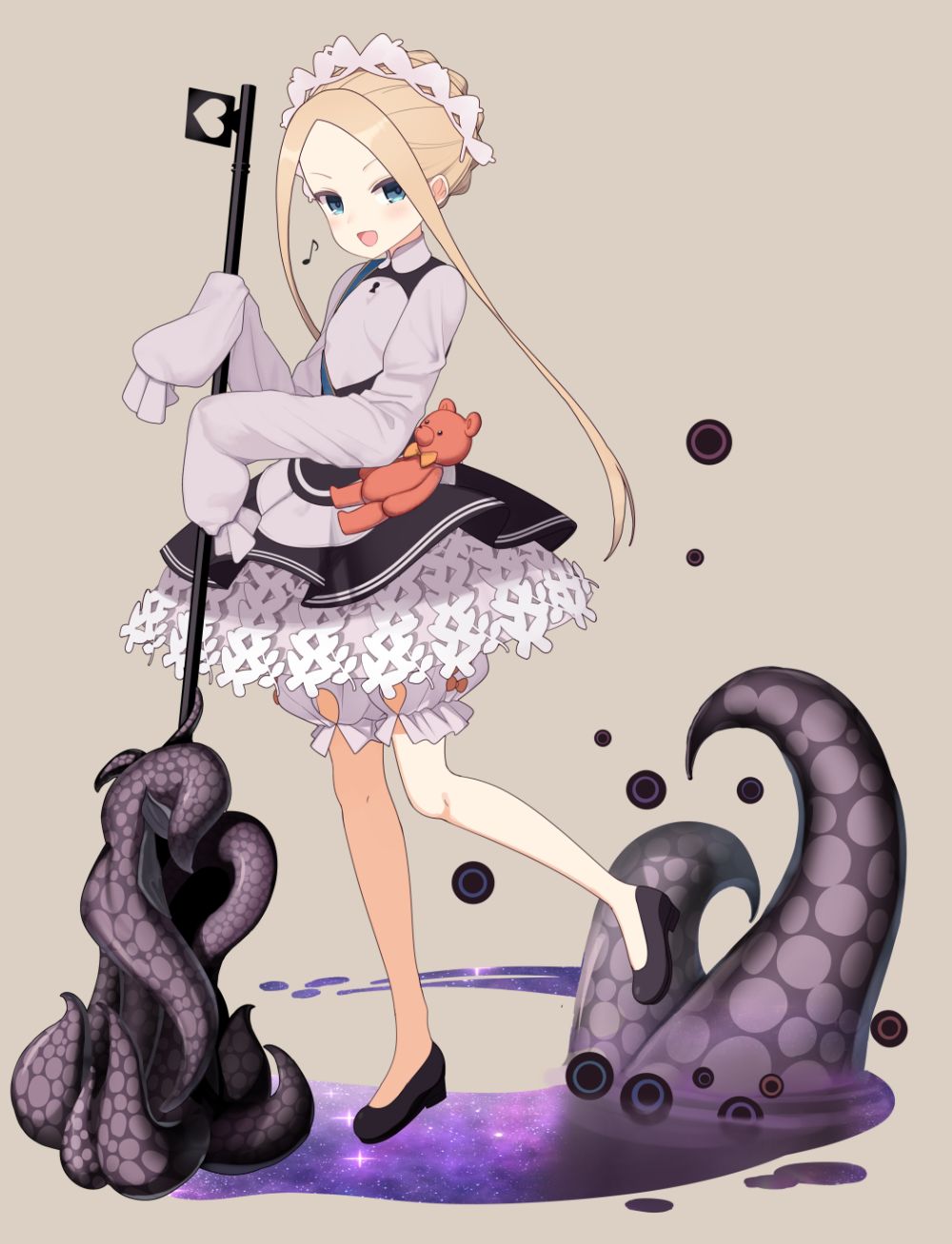 1girl :d abigail_williams_(fate/grand_order) bangs bell_(oppore_coppore) black_dress black_footwear blonde_hair bloomers blue_eyes blush braid brown_background butterfly_hair_ornament commentary_request dress eighth_note fate/grand_order fate_(series) forehead full_body hair_ornament heart heroic_spirit_chaldea_park_outfit high_heels highres holding keyhole long_hair long_sleeves musical_note open_mouth parted_bangs shirt shoes sidelocks sleeveless sleeveless_dress sleeves_past_fingers sleeves_past_wrists smile solo standing standing_on_one_leg stuffed_animal stuffed_toy teddy_bear tentacles underwear v-shaped_eyebrows very_long_hair white_bloomers white_shirt