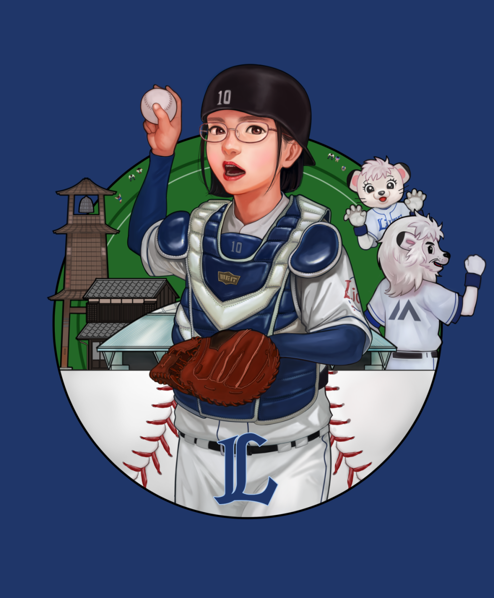 1girl :o answer_is_(kazunoko) ball baseball baseball_jersey baseball_mitt black_hair blue_background brown_eyes catcher glasses highres holding holding_ball lion long_sleeves mascot pads saitama_seibu_lions short_hair standing wristband