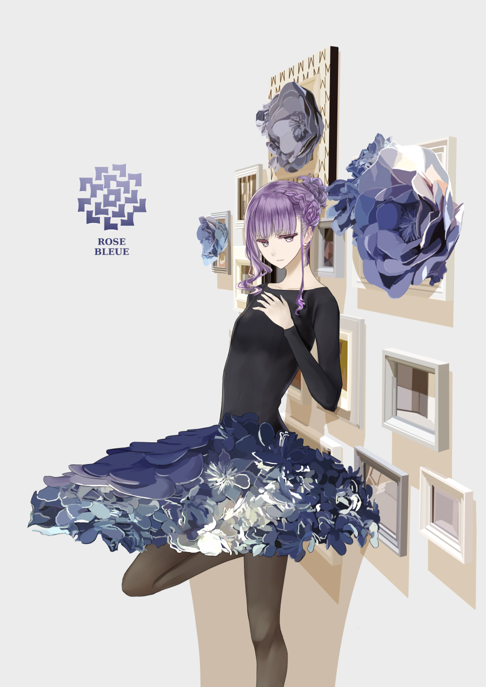 1girl ballerina bangs blue_theme braid breasts chef_no_kimagure_salad closed_mouth collarbone curly_hair feet_out_of_frame flower flower_skirt frame hair_bun hand_on_own_chest highres leg_up long_sleeves looking_down original pantyhose purple_eyes purple_hair sidelocks skin_tight skirt small_breasts solo standing standing_on_one_leg