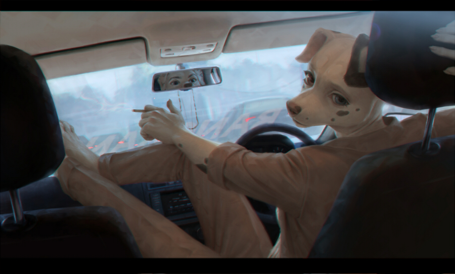 2019 anthro canid canine canis car cigarette clothed clothing dalmatian digital_media_(artwork) domestic_dog duo fur heterochromia mammal terry_grimm vehicle