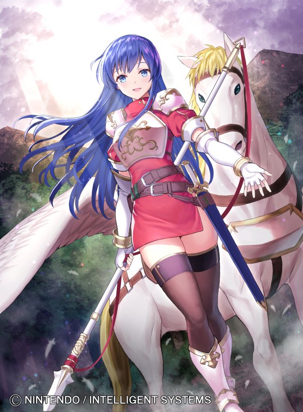 1girl animal armor blue_eyes blue_hair blush cape dress earrings elbow_gloves fingerless_gloves fire_emblem fire_emblem:_mystery_of_the_emblem fire_emblem_cipher full_body gloves jewelry kousei_horiguchi long_hair looking_at_viewer official_art open_mouth pegasus pegasus_knight sheeda smile solo thighhighs wings