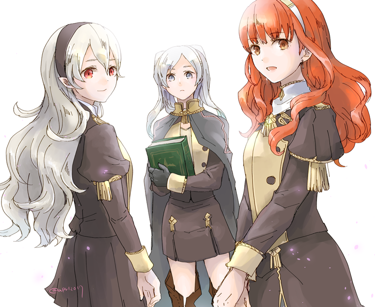 3girls book cape celica_(fire_emblem) corrin_(fire_emblem) corrin_(fire_emblem)_(female) cosplay earrings fire_emblem fire_emblem:_three_houses fire_emblem_awakening fire_emblem_echoes:_shadows_of_valentia fire_emblem_fates fire_emblem_heroes hair_between_eyes hair_ornament hairband jewelry long_hair looking_at_viewer mamkute multiple_girls pointy_ears red_eyes red_hair robaco robin_(fire_emblem) robin_(fire_emblem)_(female) school_uniform silver_hair simple_background smile tiara twintails uniform white_background