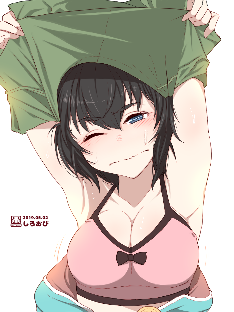 1girl armpits arms_up artist_logo artist_name black_eyes black_hair blush bow bow_bra bra breasts cleavage closed_mouth commentary dated eyebrows_visible_through_hair frown girls_und_panzer half-closed_eye highres large_breasts leaning_to_the_side lifted_by_self medium_hair messy_hair motion_lines one_eye_closed oryou_(girls_und_panzer) pink_bra shiroobi_(whitebeltmaster) shirt_lift solo sweat sweatdrop underwear undressing wavy_mouth wince