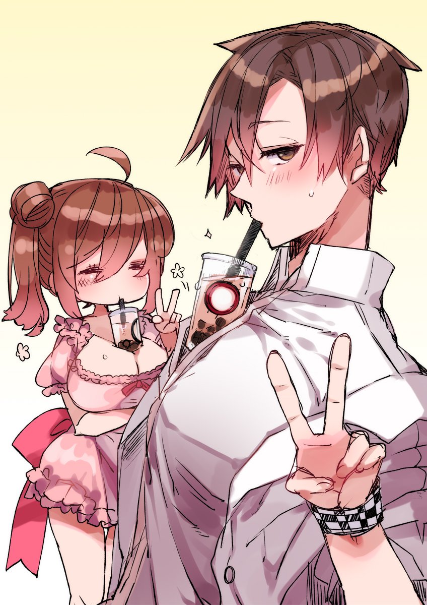 1boy 1girl ^_^ ahoge breasts brown_hair bubble_tea_challenge cevio cleavage closed_eyes cup disposable_cup dress drinking drinking_straw highres large_breasts looking_at_viewer object_on_breast object_on_pectorals pink_dress satou_sasara short_dress side_ponytail takahashi_(cevio) trpg01 v wristband