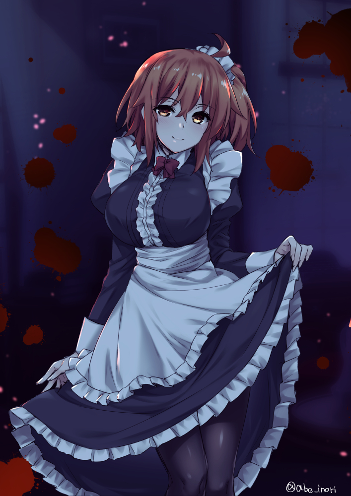 1girl abe_inori ahoge alternate_costume apron black_legwear black_shirt black_skirt blood blood_splatter bow bowtie breasts dress_shirt enmaided eyebrows_visible_through_hair fate/grand_order fate_(series) frilled_apron frilled_skirt frills hair_between_eyes hair_ornament hair_scrunchie indoors large_breasts looking_at_viewer maid mash_kyrielight medium_hair medium_skirt orange_hair pantyhose red_bow red_neckwear scrunchie shiny shiny_hair shiny_legwear shirt side_ponytail skirt skirt_hold solo standing twitter_username white_apron white_scrunchie yellow_eyes