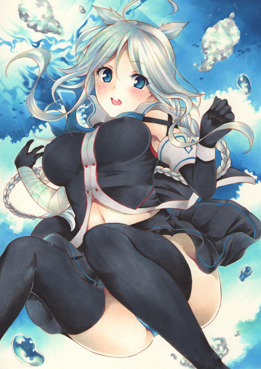 1girl bandaged_arm bandages bangs bare_shoulders black_legwear black_serafuku black_skirt blue_eyes blue_panties blush braid breasts commentary_request elbow_gloves eyebrows_visible_through_hair floating floating_hair gloves hair_between_eyes hair_flaps highres kantai_collection long_hair looking_at_viewer marker_(medium) medium_breasts navel open_mouth panties parted_bangs remodel_(kantai_collection) school_uniform serafuku shirt silver_hair single_braid skirt sleeveless sleeveless_shirt solo thighhighs traditional_media umikaze_(kantai_collection) underwear yoruoujito-tsukinohime