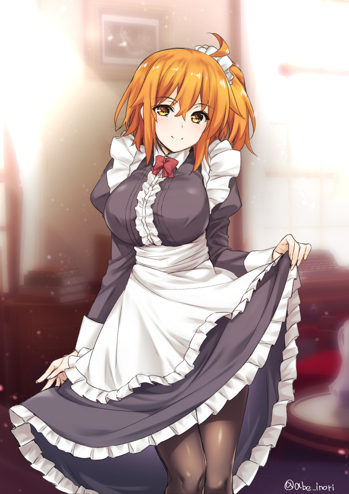 1girl abe_inori ahoge alternate_costume apron black_legwear bow bowtie breasts dress_shirt enmaided eyebrows_visible_through_hair fate/grand_order fate_(series) frilled_apron frilled_skirt frills grey_shirt grey_skirt hair_between_eyes hair_ornament hair_scrunchie indoors large_breasts looking_at_viewer maid mash_kyrielight medium_hair medium_skirt orange_hair pantyhose red_bow red_neckwear scrunchie shiny shiny_hair shiny_legwear shirt side_ponytail skirt skirt_hold solo standing twitter_username white_apron white_scrunchie yellow_eyes