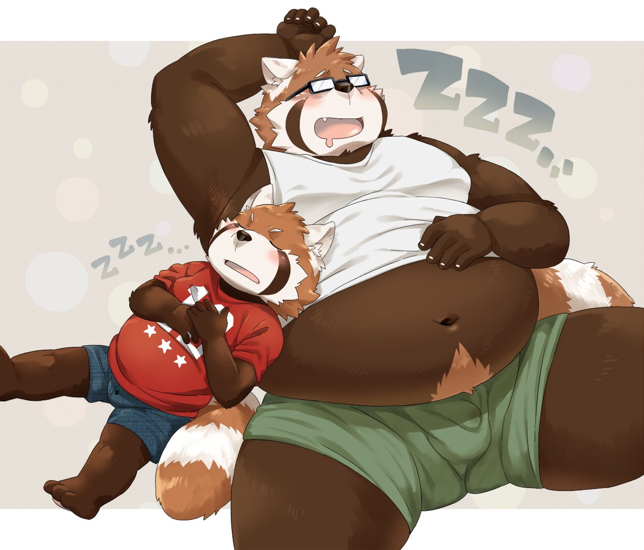 2019 ailurid anthro belly blush bottomwear brother brothers bulge clothing cub duo eyewear glasses humanoid_hands male mammal moobs navel nikiciy overweight overweight_male red_panda shirt shorts sibling sleeping topwear young