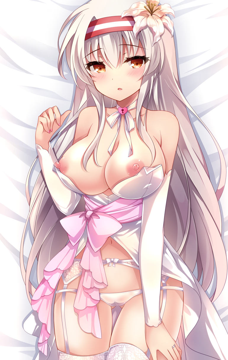 1girl ass_visible_through_thighs babydoll bare_shoulders bed_sheet blush breasts cameltoe choker cleavage collarbone cowboy_shot flower garter_belt hair_flower hair_ornament hand_up headband heart highres ichiyou_moka kantai_collection large_breasts lingerie long_hair looking_at_viewer lying navel nipples on_back orange_eyes panties parted_lips ribbon_choker shoukaku_(kantai_collection) silver_hair solo stomach thighhighs underwear very_long_hair white_flower white_legwear white_panties