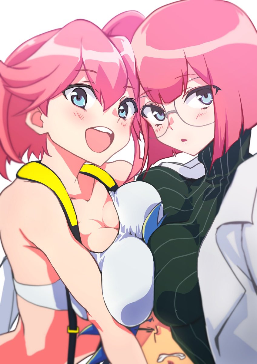 1boy 2girls aina_ardebit blue_eyes blush breast_press breasts galo_thymos glasses heris_ardebit herozu_(xxhrd) highres labcoat large_breasts midriff multiple_girls open_mouth pink_hair promare siblings side_ponytail sisters smile suspenders symmetrical_docking