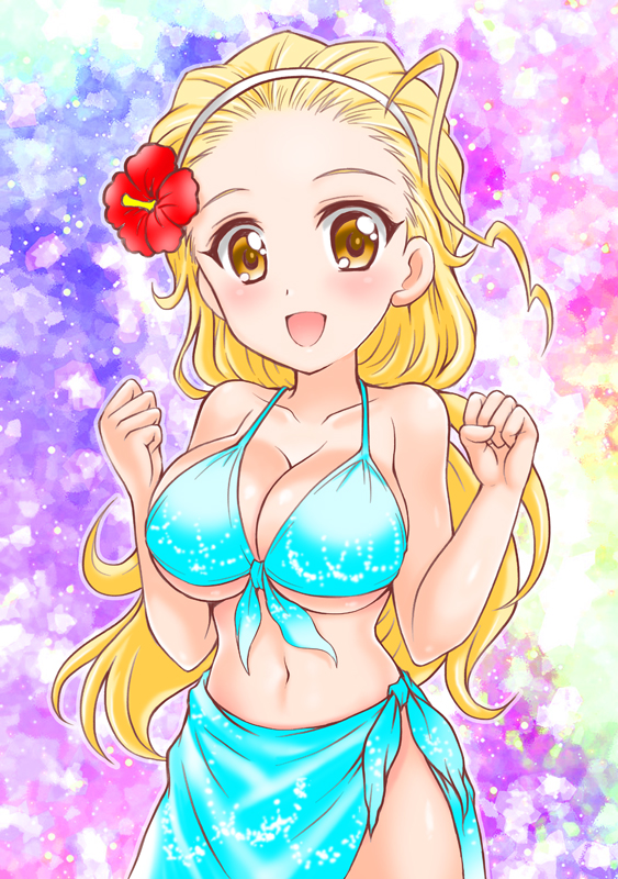 1girl :d aqua_bikini aqua_sarong bikini blonde_hair breasts brown_eyes burafu cleavage clenched_hands commentary_request flower front-tie_bikini front-tie_top girls_und_panzer hair_flower hair_ornament hair_pulled_back hairband large_breasts long_hair looking_at_viewer multicolored multicolored_background navel open_mouth partial_commentary sarong sasaki_akebi smile solo swimsuit w_arms white_hairband
