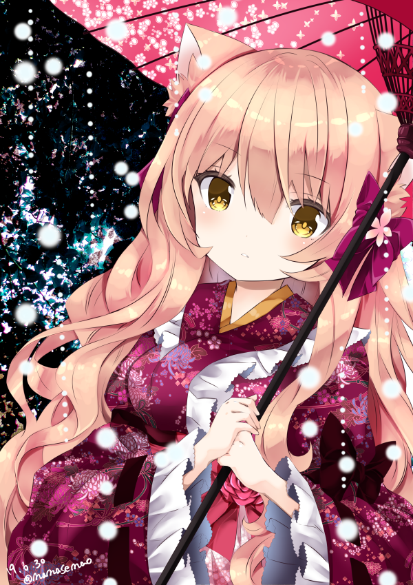 1girl animal_ear_fluff animal_ears breasts cat_ears dated floral_print flower hands_together holding holding_umbrella japanese_clothes kimono light_brown_hair long_hair long_sleeves looking_at_viewer medium_breasts nanase_kureha nanase_nao oriental_umbrella original own_hands_together parted_lips pink_flower pink_rose print_kimono red_kimono red_umbrella rose solo twitter_username umbrella upper_body very_long_hair wide_sleeves yellow_eyes