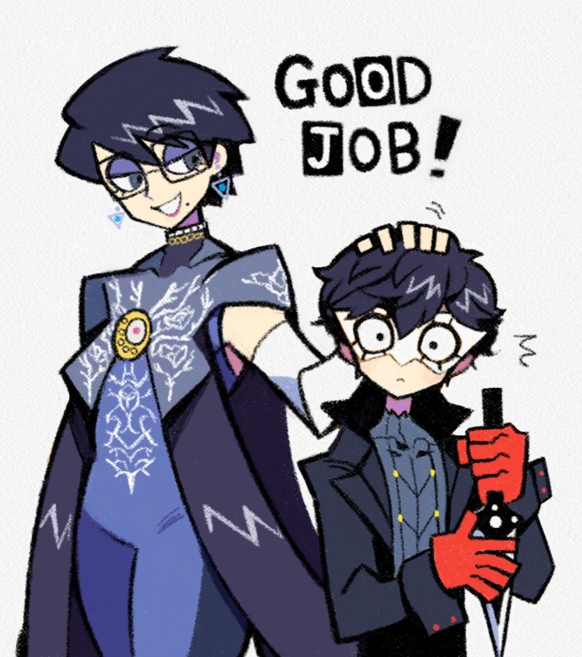 1boy 1girl affection amamiya_ren atlus bayonetta bayonetta_(character) black_hair blush coat crossover cute denaseey digital_media_(artwork) dress earrings eyebrows eyebrows_visible_through_hair eyelashes female glasses gloves hair head_pat head_rub headpat holding holding_knife holding_weapon human knife lipstick looking_at_another male mask mole mole_under_mouth motion_lines persona persona_5 platinum_games size_difference sleeveless smile suit super_smash_bros. surprised teeth text