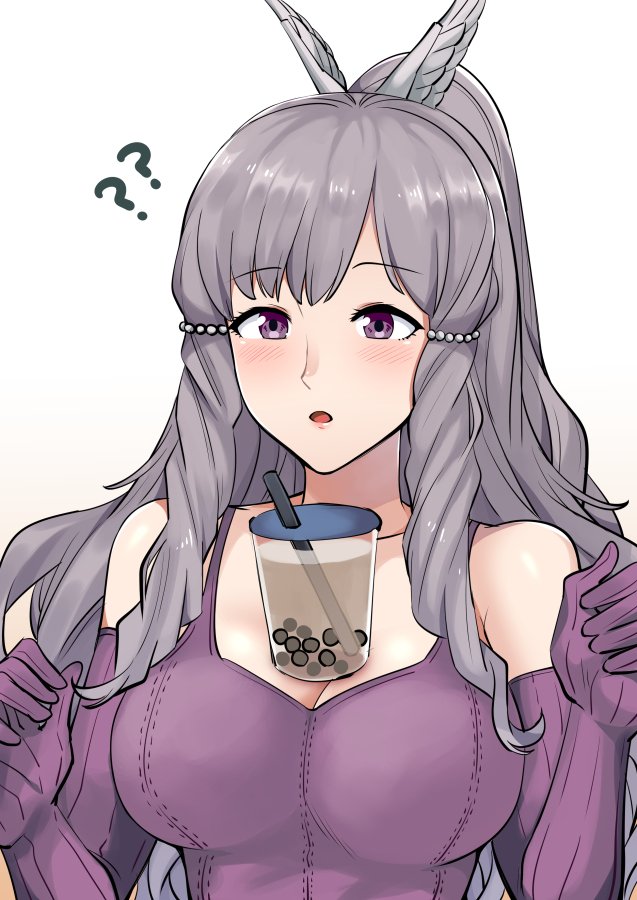 1girl a_meno0 breasts brown_hair bubble_tea bubble_tea_challenge cleavage elbow_gloves fire_emblem fire_emblem_awakening gloves hair_ornament large_breasts long_hair open_mouth purple_gloves simple_background solo sumia upper_body white_background