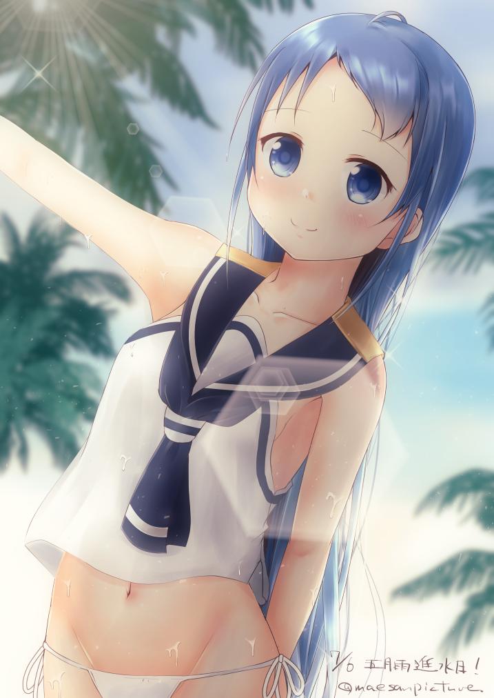 1girl bangs bikini black_legwear black_sailor_collar blue_sky cloud commentary_request cowboy_shot day gradient_hair kantai_collection lens_flare mae_(maesanpicture) multicolored_hair navel neckerchief numbered outdoors palm_tree sailor_collar sailor_shirt samidare_(kantai_collection) school_uniform serafuku shirt side-tie_bikini sky sleeveless smile solo swept_bangs swimsuit swimsuit_under_clothes tree twitter_username white_bikini white_bikini_bottom