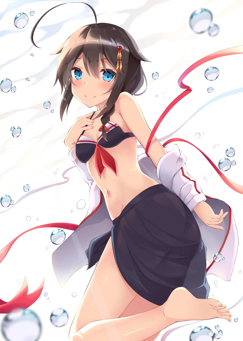 ahoge alternate_costume aroma0501 barefoot black_bikini_top black_hair blue_eyes braid from_side hair_flaps hair_ornament hair_over_shoulder hair_ribbon hand_on_own_chest highres kantai_collection long_hair looking_at_viewer red_ribbon remodel_(kantai_collection) ribbon sailor_bikini sailor_collar shigure_(kantai_collection) single_braid smile solo swimsuit thighs