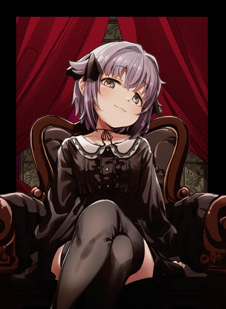 1girl armchair black_dress black_legwear black_ribbon blush brown_eyes chair choker collarbone commentary crossed_legs curtains dress eyebrows_visible_through_hair feet_out_of_frame gothic_lolita hair_flaps hair_intakes hair_ornament hair_ribbon head_tilt idolmaster idolmaster_cinderella_girls koshimizu_sachiko lavender_hair lolita_fashion long_sleeves looking_at_viewer ribbon ribbon_choker short_hair sitting sleeves_past_wrists smile solo thighhighs yukie_(kusaka_shi) zettai_ryouiki