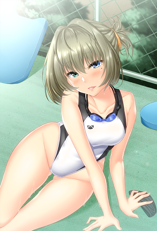 1girl ame_isshiki arm_support ass_visible_through_thighs blue_eyes brown_hair chain-link_fence collarbone competition_swimsuit fence goggles goggles_around_neck green_eyes heterochromia highleg highleg_swimsuit idolmaster idolmaster_cinderella_girls kickboard looking_at_viewer mole mole_under_eye one-piece_swimsuit one_side_up parted_lips short_hair sitting solo swimsuit takagaki_kaede thigh_gap white_swimsuit