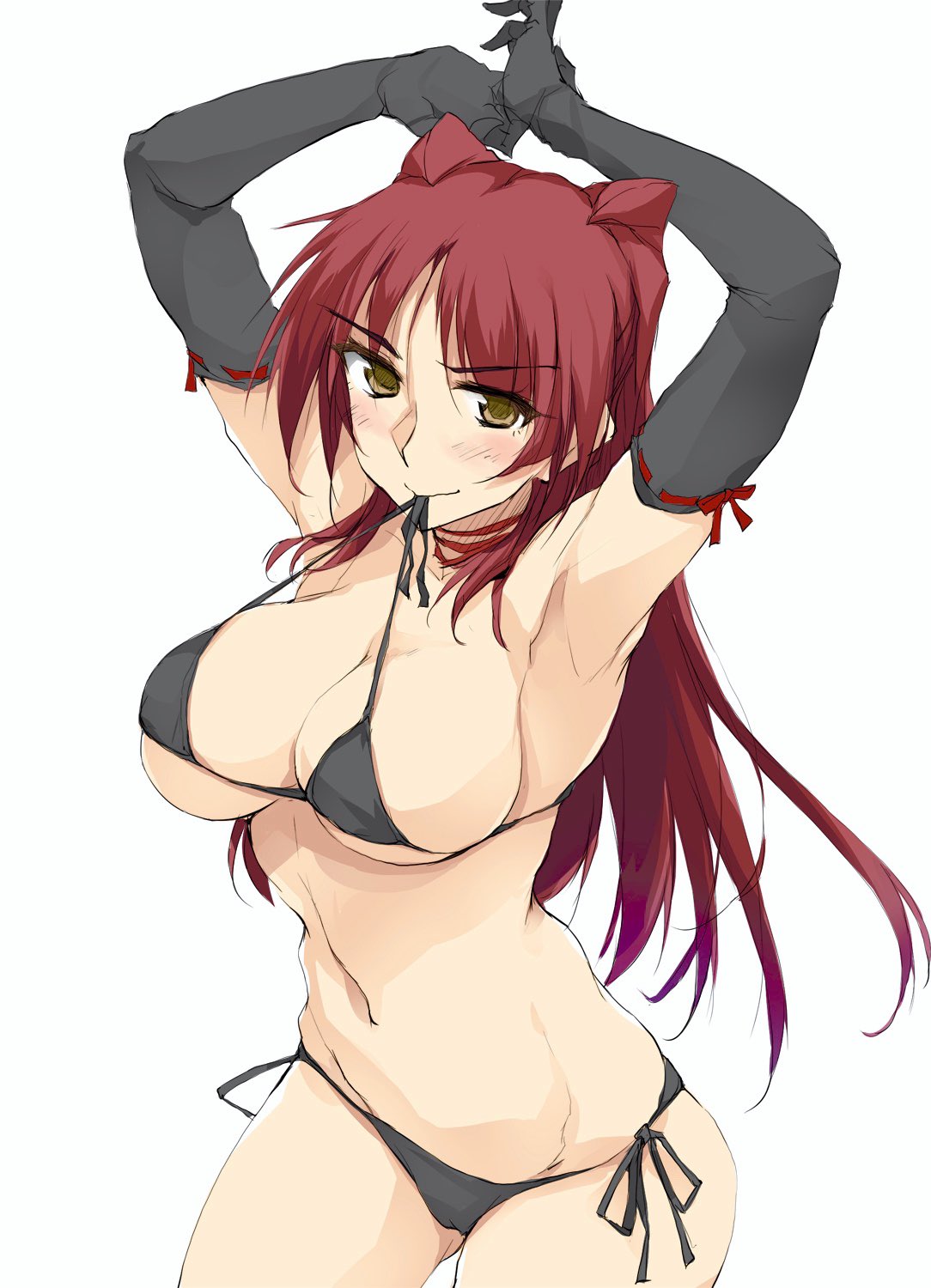 1girl armpits arms_up bangs bikini bikini_in_mouth black_bikini black_gloves blush bow bow_legwear breasts brown_eyes bursting_breasts choker cleavage covered_nipples cowboy_shot elbow_gloves front-tie_top gloves hair_between_eyes halterneck hands_together highres kousaka_tamaki large_breasts long_hair looking_at_viewer mouth_hold naughty_face navel red_hair ribbon-trimmed_gloves ribbon-trimmed_legwear ribbon_choker ribbon_trim side-tie_bikini simple_background skindentation smile solo standing sweat swimsuit thighhighs to_heart_2 untied untied_bikini very_long_hair white_background zekkyon