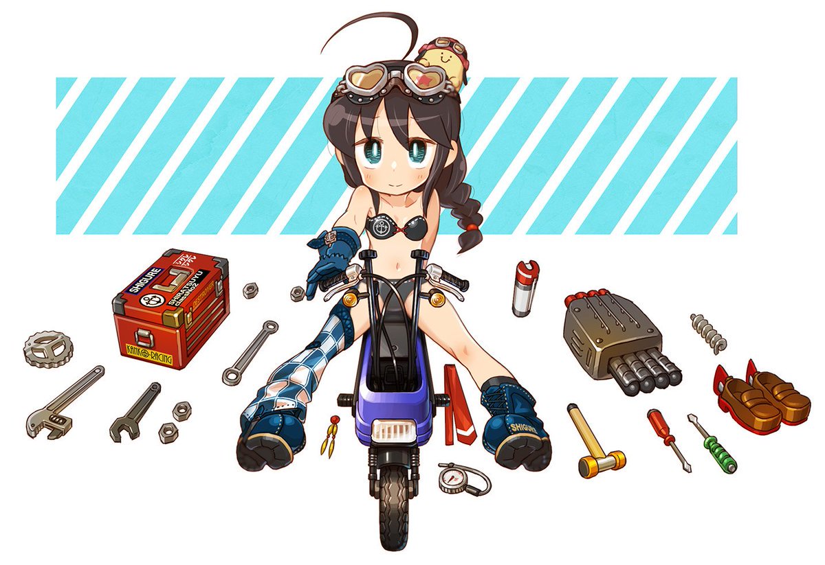1girl 1other anchor_symbol asymmetrical_legwear bikini black_bikini black_hair blue_eyes blue_footwear blue_gloves boots braid brown_footwear chaki_(teasets) character_name checkered checkered_legwear commentary_request full_body gears gloves ground_vehicle hair_flaps hair_over_shoulder hammer kantai_collection knolling loafers long_hair minibike motocompo motor_vehicle motorcycle nut_(hardware) remodel_(kantai_collection) riding screwdriver shigure_(kantai_collection) shoes shoes_removed single_braid single_thighhigh spray swimsuit thighhighs toolbox torpedo_launcher two-tone_background white_background wrench