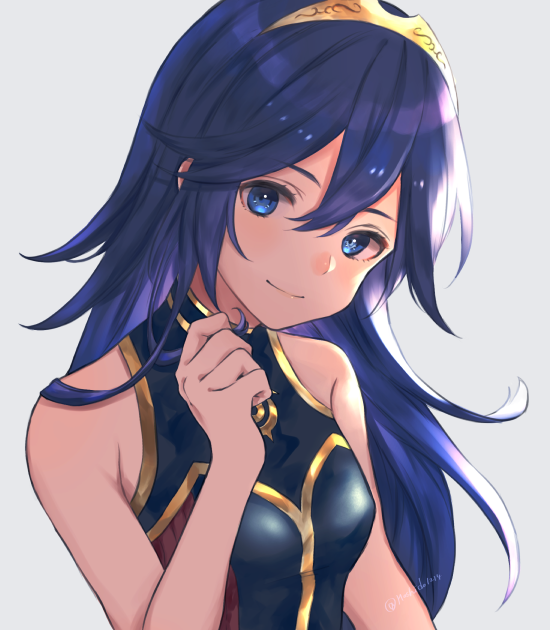 1girl blue_eyes blue_hair closed_mouth fire_emblem fire_emblem_awakening fire_emblem_cipher gradient gradient_background grey_background hoshido1214 long_hair lucina simple_background smile solo swimsuit tiara upper_body