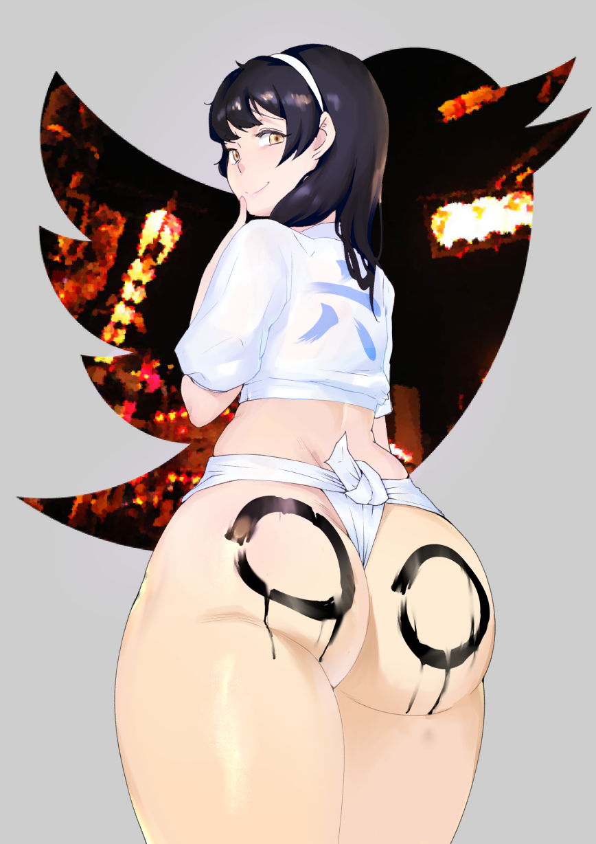 1girl ass bangs black_hair body_writing clothes_writing finger_to_mouth from_behind fundoshi girls_frontline hair_over_shoulder hairband highres japanese_clothes long_hair looking_at_viewer looking_back moebell0 qbz-95_(girls_frontline) smile solo thighs thong twitter_logo white_hairband yamakasa yellow_eyes