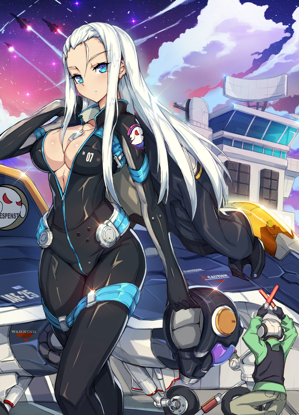 1boy 1girl aa_gun aircraft airplane blue_eyes bodysuit breasts cleavage cloud cloudy_sky control_tower dog_tags emblem feet_out_of_frame fighter_jet gloves hair_between_eyes hair_pulled_back headwear_removed helmet helmet_removed highres holding holding_helmet impossible_bodysuit impossible_clothes jacket_over_shoulder jet jet_engine long_hair looking_at_viewer military military_vehicle original oxygen_mask pilot_suit rodway science_fiction shiny shiny_clothes sign skin_tight sky star_(sky) starry_sky twilight unzipped vest walking warning_sign white_hair