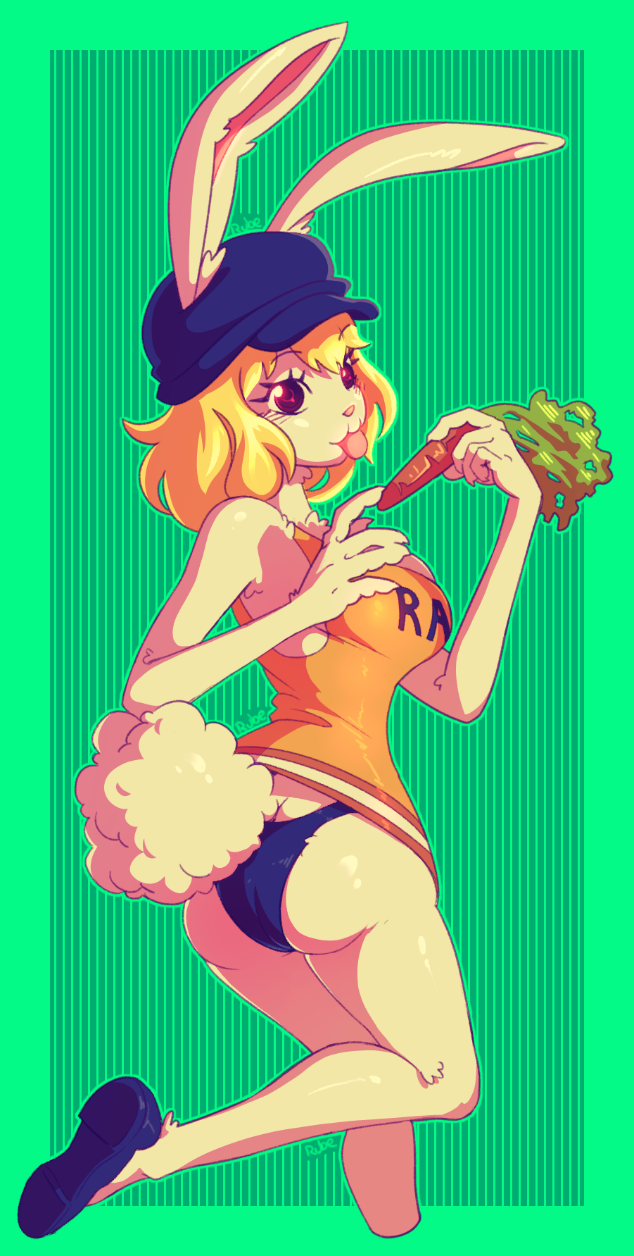 anthro blonde_hair breasts butt carrot carrot_(one_piece) cleavage clothed clothing female food footwear fur green_background hair hat headgear headwear hi_res lagomorph leporid mammal mustelid musteline one_piece panties plant rabbit rube shoes simple_background solo tongue tongue_out underwear vegetable