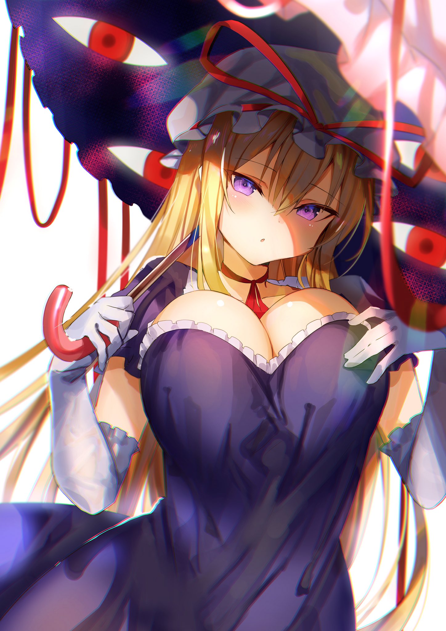 1girl amamitsu_kousuke bangs blonde_hair blush breasts choker cleavage commentary_request dress elbow_gloves eyebrows_visible_through_hair gap gloves hair_between_eyes hand_on_own_chest hat hat_ribbon highres holding holding_umbrella large_breasts long_hair looking_at_viewer mob_cap parted_lips pink_umbrella purple_dress purple_eyes red_choker red_ribbon ribbon ribbon_choker short_sleeves sidelocks simple_background solo touhou umbrella upper_body very_long_hair white_background white_gloves white_headwear yakumo_yukari