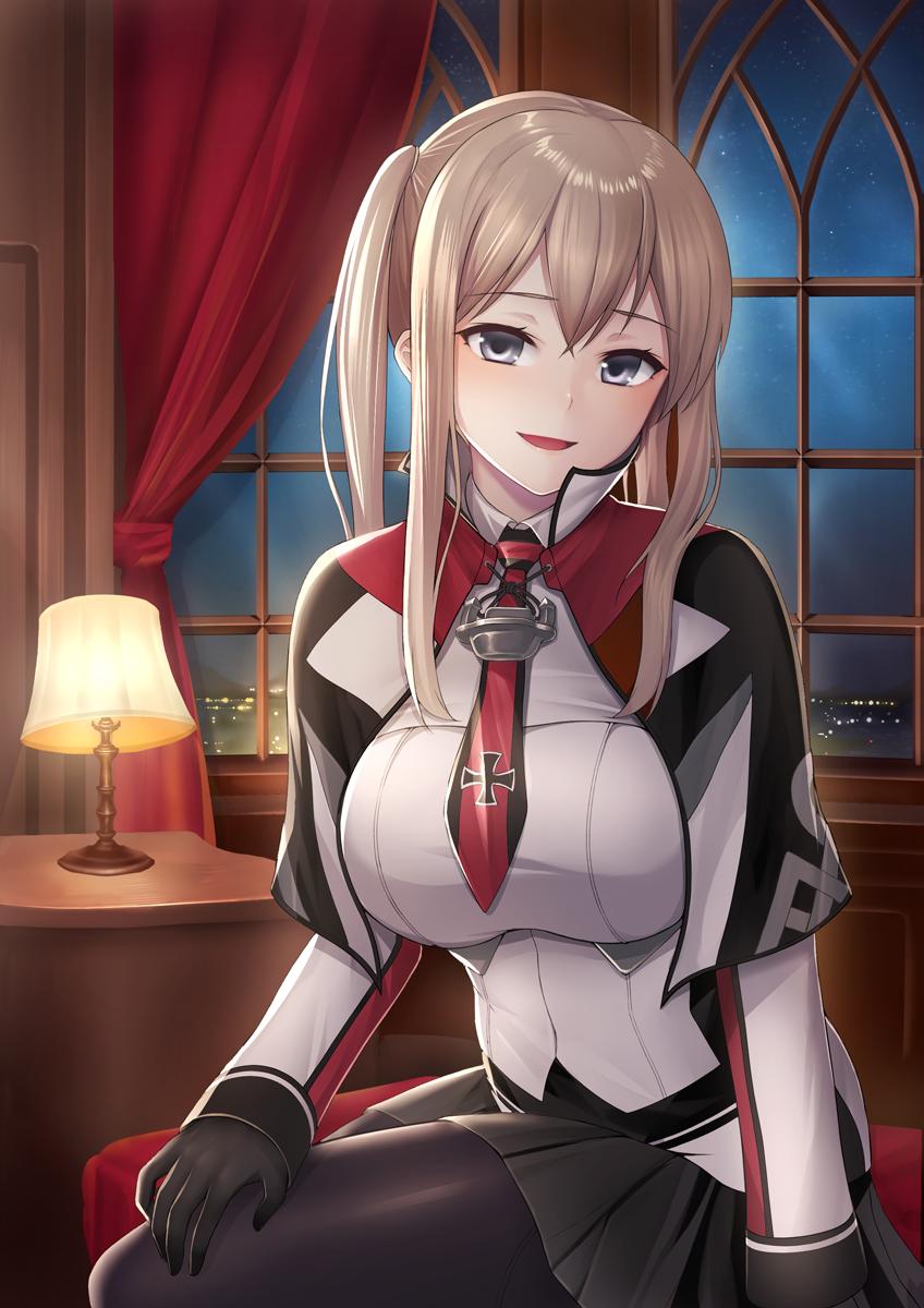 1girl :d black_gloves black_legwear blonde_hair blush breasts capelet cross crossed_legs curtains gloves graf_zeppelin_(kantai_collection) grey_eyes hair_between_eyes highres impossible_clothes indoors jacket kantai_collection large_breasts long_hair looking_at_viewer military military_uniform miniskirt necktie night on_bed open_mouth pantsu_majirou pantyhose sidelocks sitting skirt smile solo tsurime twintails uniform window