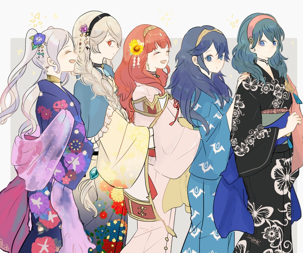 5girls alternate_hairstyle arms_around_waist blue_eyes blue_hair braid byleth byleth_(female) cecilia_(fire_emblem) commentary_request corrin_(fire_emblem) corrin_(fire_emblem)_(female) fire_emblem fire_emblem:_three_houses fire_emblem_awakening fire_emblem_echoes:_shadows_of_valentia fire_emblem_fates floral_print flower green_hair hair_flower hair_ornament hand_on_another's_shoulder japanese_clothes kimono long_hair looking_at_viewer lucina medium_hair multiple_girls open_mouth red_eyes robin_(fire_emblem) robin_(fire_emblem)_(female) sasaki_(dkenpisss) side_braid silver_hair smile twintails