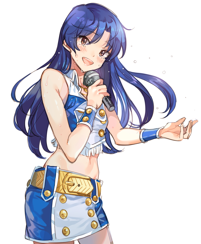 1girl :d belt_buckle blue_hair blush brown_eyes buckle cowboy_shot crop_top eyebrows_visible_through_hair floating_hair hair_between_eyes holding holding_microphone idol idolmaster idolmaster_(classic) inzup kisaragi_chihaya long_hair looking_at_viewer microphone midriff miniskirt navel open_mouth pencil_skirt simple_background skirt sleeveless smile solo standing stomach tears very_long_hair white_background wing_collar yellow_belt