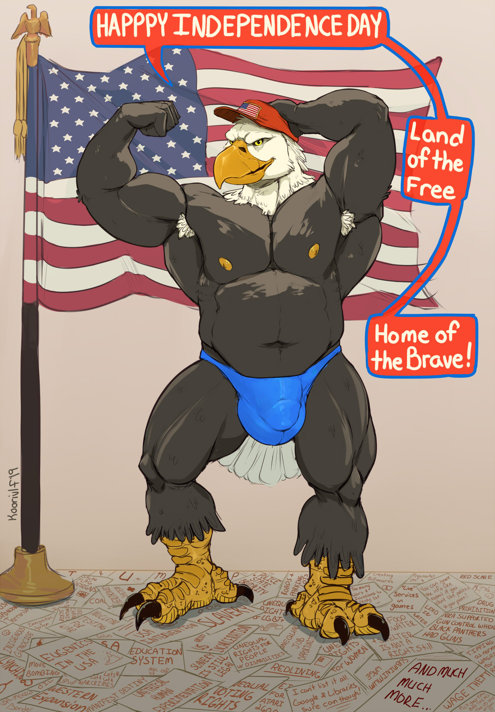2019 3_toes 4th_of_july 5_fingers accipitrid accipitriform anthro armpit_hair avian bald_eagle beak big_bulge bird bulge claws clothing digital_drawing_(artwork) digital_media_(artwork) eagle english_text eyebrows feathers fingers flag flexing footwear hat headgear headwear hi_res huge_muscles jockstrap koorivlf looking_at_viewer male multicolored_feathers muscular muscular_male nipples overalls patriotism penis_outline politics sea_eagle shoes simple_background smile solo speech_bubble standing stars_and_stripes text toes two_tone_feathers underwear united_states_of_america