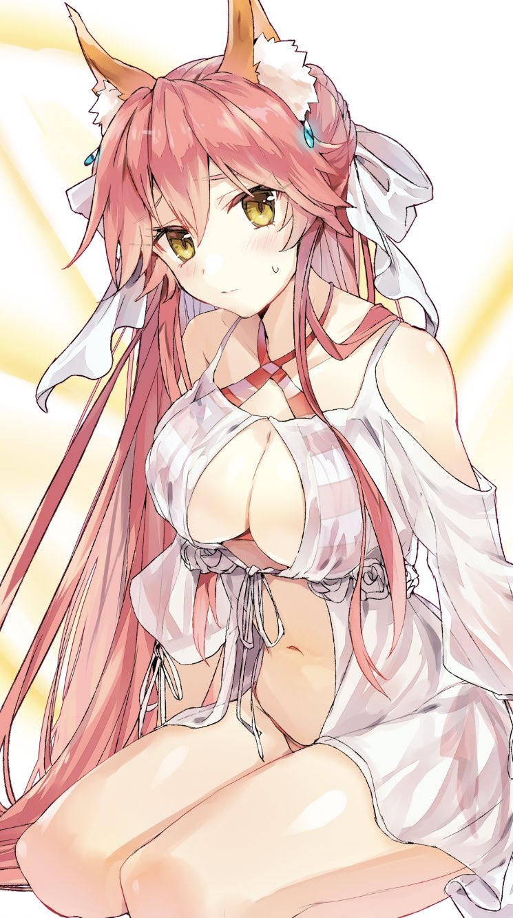 1girl animal_ear_fluff animal_ears bangs bare_shoulders bikini blush bow breasts brown_eyes cleavage closed_mouth collarbone commentary_request cosplay criss-cross_halter earrings eyebrows_visible_through_hair fate/extra fate_(series) fox_ears hair_between_eyes hair_bow halterneck highres jewelry large_breasts long_hair looking_at_viewer navel nero_claudius_(fate)_(all) nero_claudius_(swimsuit_caster)_(fate) nero_claudius_(swimsuit_caster)_(fate)_(cosplay) pink_hair puffy_short_sleeves puffy_sleeves see-through seiza short_sleeves sitting solo striped striped_bikini sweat swimsuit tamamo_(fate)_(all) tamamo_no_mae_(fate) tomozero very_long_hair white_bow