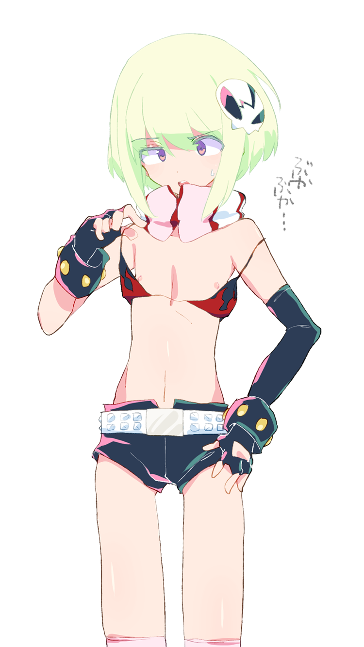 1boy 1girl belt bikini_top blonde_hair blush breasts cleavage cosplay fingerless_gloves gloves green_hair hair_ornament highres lio_fotia looking_at_viewer male_focus navel nipples otakebi otoko_no_ko promare purple_eyes scarf short_shorts shorts solo tengen_toppa_gurren_lagann thighhighs white_background yoko_littner yoko_littner_(cosplay)