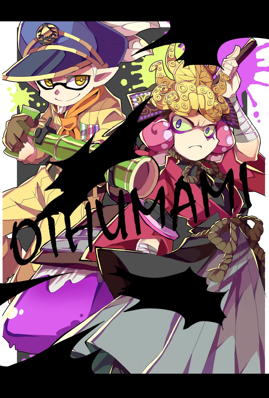 2boys arm_up armor bamboozler_14_(splatoon) bandages blue_headwear brown_eyes brown_pants brown_shirt closed_mouth commander_atarime dj_takowasa domino_mask dougi frown glaring green_sclera grey_skirt hakama_skirt hat helmet highres holding holding_weapon insignia japanese_armor kabuto letterboxed long_sleeves looking_at_viewer makeup male_focus mascara mask military military_hat military_uniform multiple_boys neckerchief object_behind_back octarian octobrush_(splatoon) orange_neckwear paint_splatter pants peaked_cap pointy_ears purple_eyes red_hair red_shirt shirt skirt smile splatoon_(series) splatoon_1 standing tentacle_hair uniform weapon wide_sleeves yasubaru yellow_headwear younger