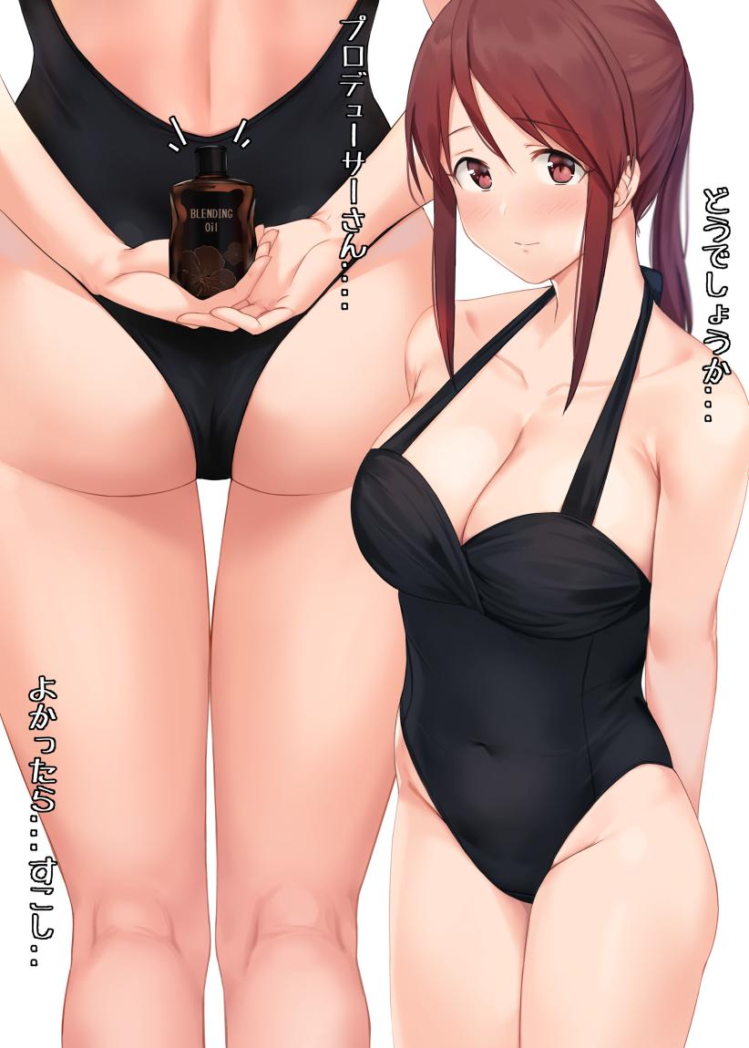 1girl arms_behind_back black_swimsuit blush breasts brown_eyes brown_hair cleavage commentary_request covered_navel deneb_(noble324) from_behind halterneck highleg highleg_swimsuit idolmaster idolmaster_cinderella_girls large_breasts long_hair looking_at_viewer lotion mifune_miyu multiple_views object_behind_back one-piece_swimsuit sidelocks swimsuit tanning_oil translation_request