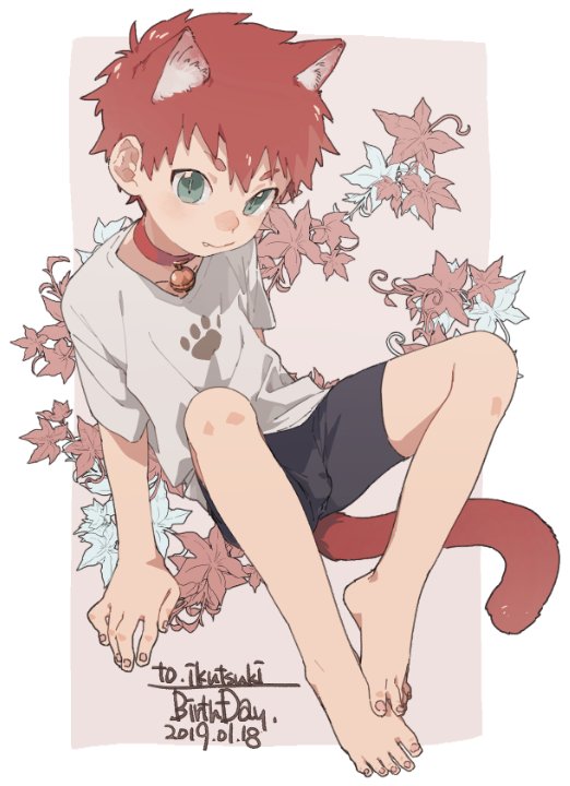 1boy 50off animal_ears barefoot borrowed_character cat-shaped_pupils cat_ears cat_tail catboy dated english_text extra_ears fang feet green_eyes happy_birthday looking_at_viewer original red_hair red_haired_catboy_(ikutsuki) shirt solo symbol-shaped_pupils t-shirt tail