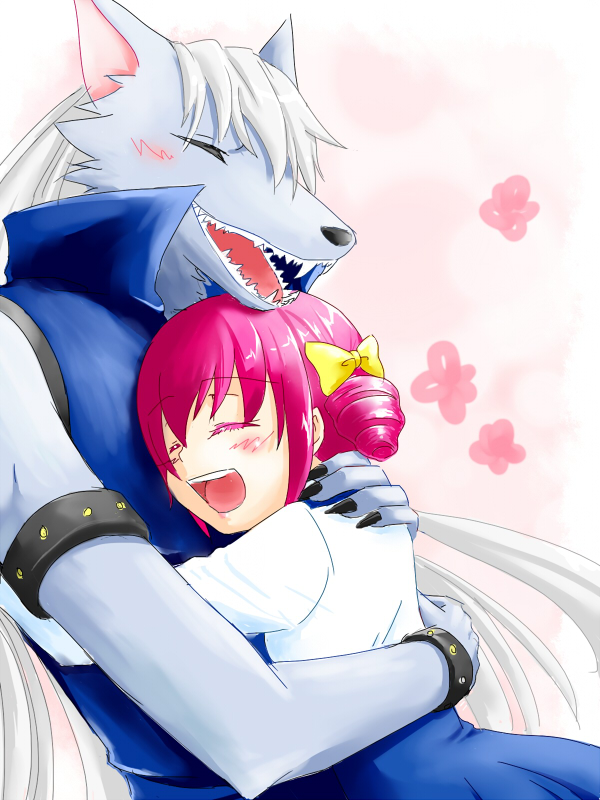 2012 3:4 anime anthro armband blush bow_tie canid canine canis clothed clothing duo eyes_closed female fur gin_(artist) grey_fur hair happy hoshizora_miyuki hug human long_hair male mammal open_mouth open_smile pink_hair pretty_cure smile smile_pretty_cure white_hair wolf wolfrun wristband