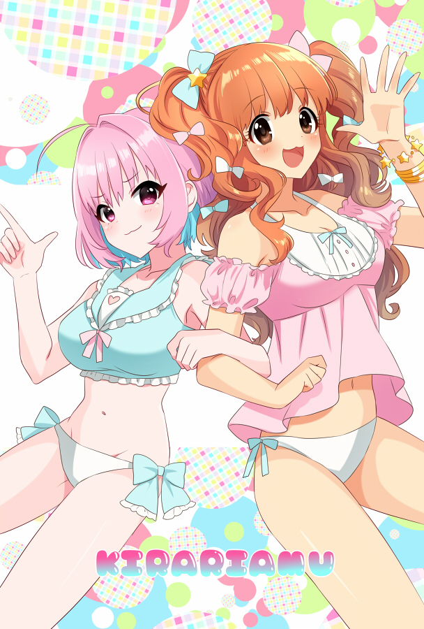 2girls ahoge bangs bare_shoulders blue_background blue_bow blue_hair blue_ribbon bow bracelet breasts closed_mouth collarbone crop_top eyebrows_visible_through_hair eyelashes green_background groin hair_bow hair_intakes hand_up heart heart_print idolmaster idolmaster_cinderella_girls jewelry large_breasts light_brown_hair locked_arms long_hair looking_at_viewer moroboshi_kirari multicolored multicolored_background multicolored_hair multiple_girls navel open_mouth pink_background pink_eyes pink_hair pink_ribbon puffy_short_sleeves puffy_sleeves ribbon saito_katuo shiny shiny_hair short_hair short_sleeves smile star_bracelet tareme thighs two-tone_hair two_side_up white_background white_bikini_bottom white_frills yellow_background yumemi_riamu