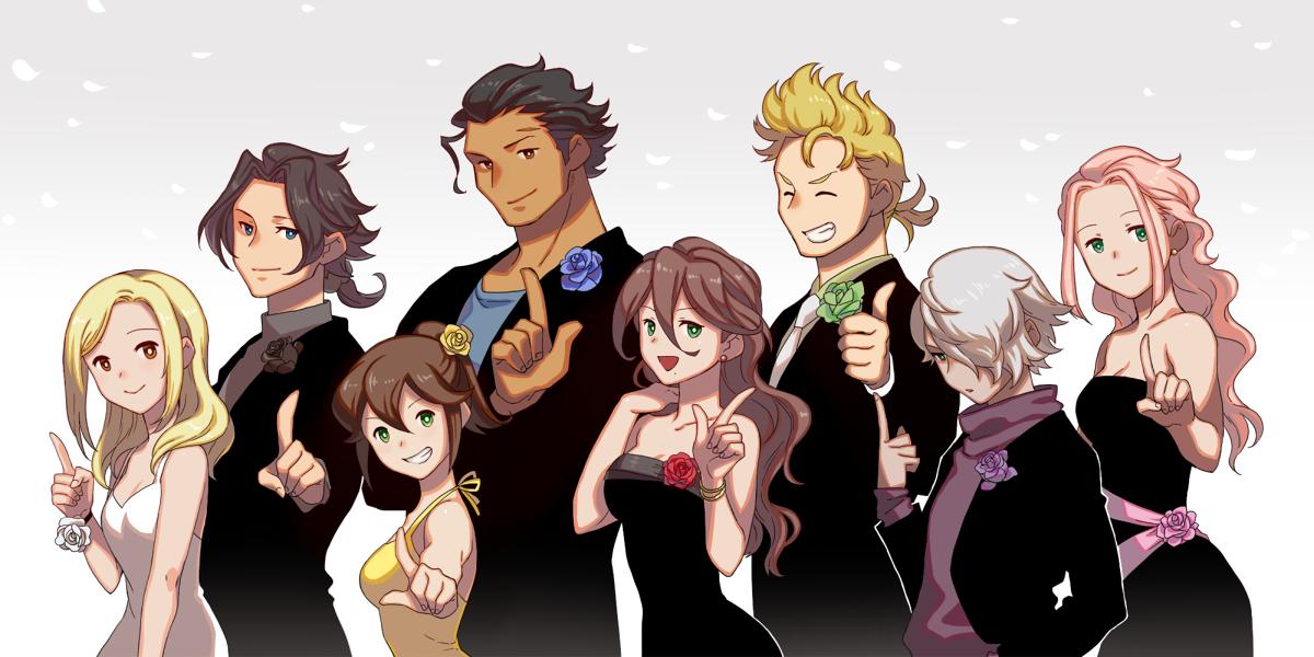 alfyn_(octopath_traveler) blonde_hair blue_eyes blush braided_ponytail brown_hair closed_eyes cyrus_(octopath_traveler) esaka flower formal green_eyes h'aanit_(octopath_traveler) hair_over_one_eye jewelry long_hair looking_at_viewer multiple_boys multiple_girls necklace octopath_traveler olberic_eisenberg one_eye_closed open_mouth ophilia_(octopath_traveler) ponytail primrose_azelhart scar smile suit therion_(octopath_traveler) tressa_(octopath_traveler) white_hair